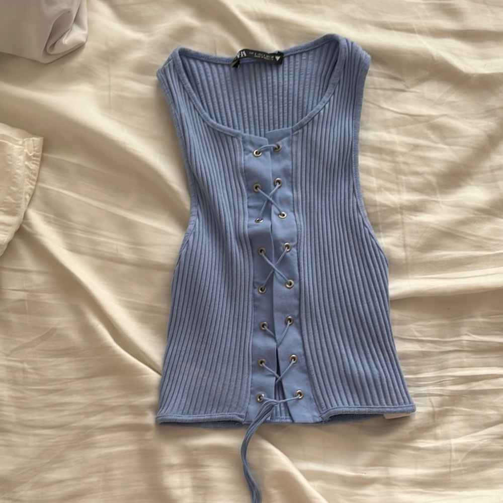 Zara Blue Ribbed Buttoned Tie Front Tank Top